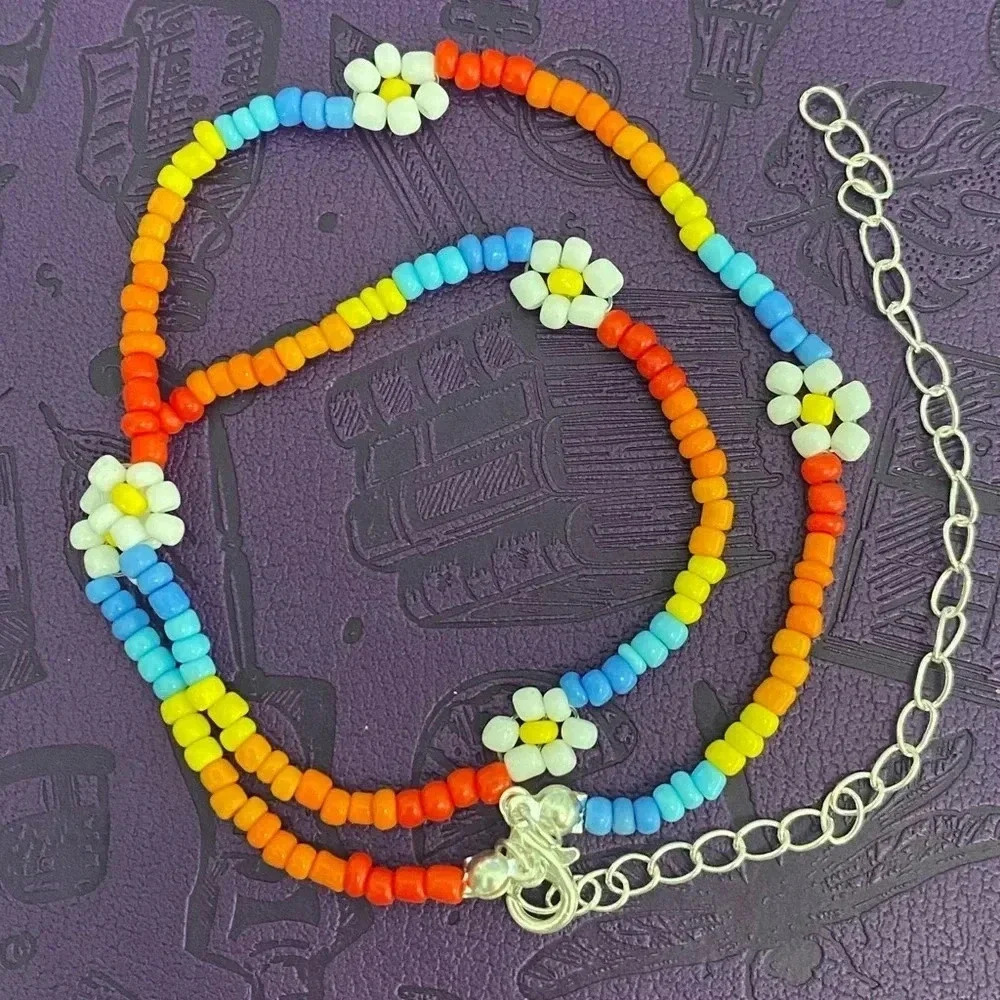 Handmade Rainbow Flower Daisy Seed Bead Choker Necklace